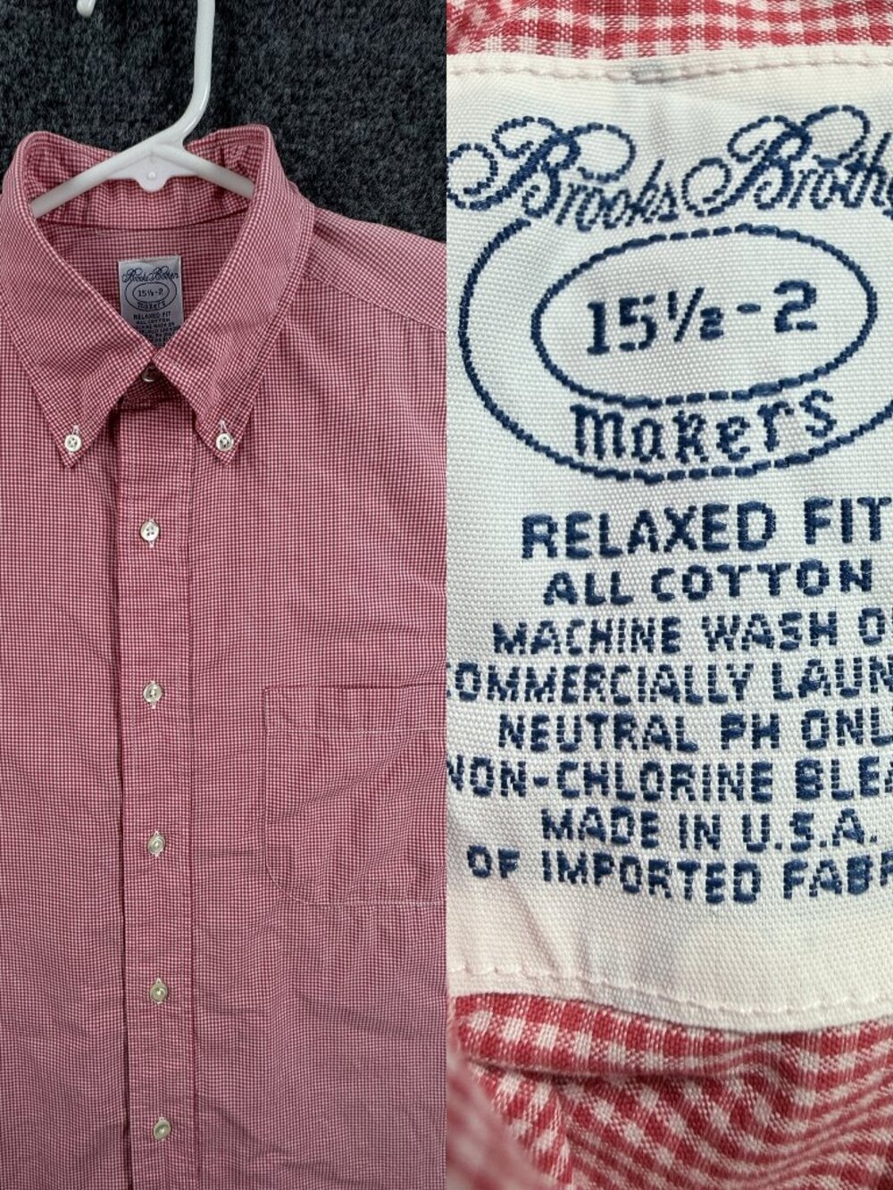 VTG Brooks Brothers Makers Cotton Red 15.5 2 Check Relaxed Button-Down USA Mens
